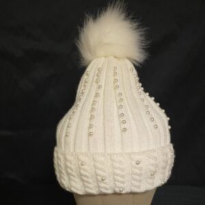Elegant White Fleece Lined Knit Beanie with Pearls #202